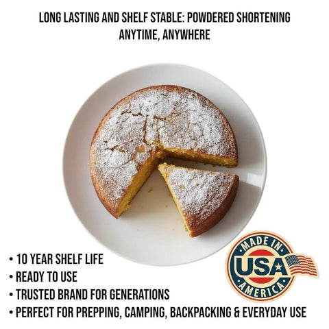 Baked cake with slice cut out on white plate using Shelf-Stable Shortening Powder For Frying And Baking, 12 oz can, Made In USA.