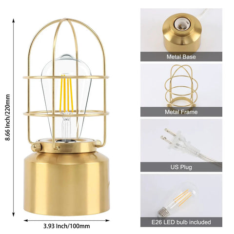 Industrial 3-Way Dimmable Desk Lamp With USB Ports, Touch Control, metal base and frame, shown with E26 LED bulb