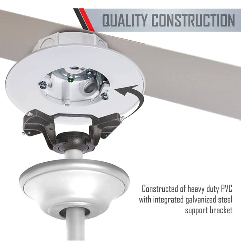 Outdoor Ceiling Fan And Luminaire Box White Round Weatherproof Electrical Box for Ceiling Fans with Lights, showing PVC and steel bracket