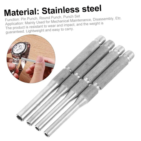 Pro Grade 4-Piece Pin Punch Set for Watch and Jewelry Repair, durable stainless steel tools, shown with watch repair detail