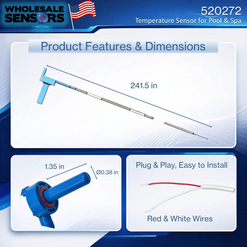 Dimensions of Replacement 520272 Air Water Solar Temperature Sensor with 20ft cable for pool and spa, compatible with IntelliTouch and EasyTouch