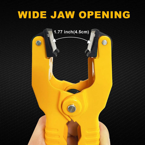 Front view of HVAC temperature clamp with banana plug adapter, yellow wide-jaw K-type thermocouple clamp for HVAC probes (-40 to 392°F)