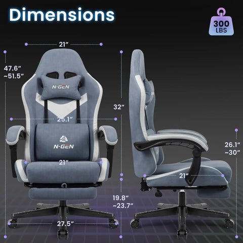 Dimensions of Gamer Grade Ergonomic Gaming Chair with Back Support for Marathon Sessions, recline function, side and front view