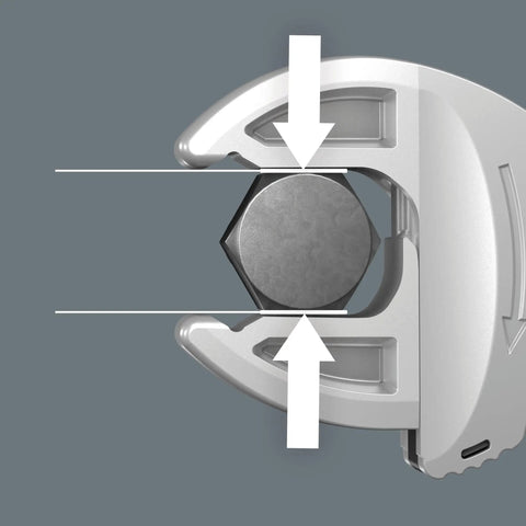 Top view of adjustable wrench gripping a hex nut, showing precision fit and grip strength.