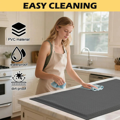 Woman cleaning kitchen counter with 3 X 5 Foot Anti Fatigue Floor Mat Extra Thick Fifteen Sixteenths Inch Ergonomic Diamond Plate