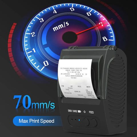 Thermal Label Printer Bluetooth Shipping Label Maker 58mm Wide 90mm Per Second Print Speed Dope Wireless Printing From Android Or iOS Phones And Tablets Auto Sleep Wake Built Tough For Home Office And Small Biz showing max print speed of 70mm/s