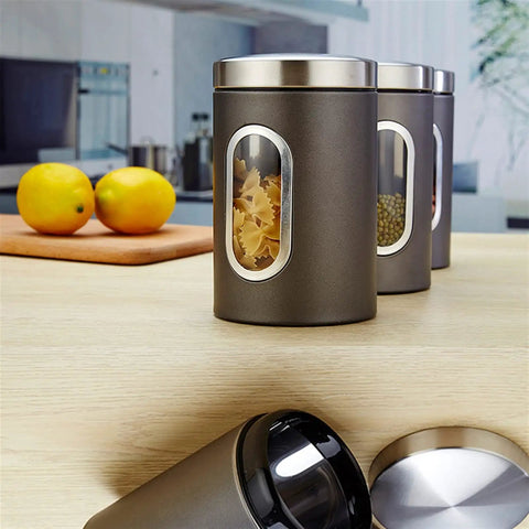 3Piece Stainless Steel Coffee Canisters With Wide Mouth Design Keep Your Grind Fresh No Cap Perfect For Nuts Pasta And Tea Kitchen Storage Setup Game Changer with pasta visible.