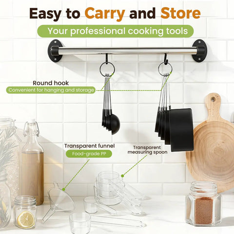 Measuring Cups And Spoons Set With Metric And US Measurements For Dry And Liquid 16 Piece Kitchen Tool Set Built To Handle Your Cooking Like A Pro Black hanging on kitchen bar