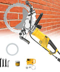 Professional Grade Electric Concrete Saw With Beefy 5000 Watt Brushless Motor and Diamond Blade cutting through brick wall.