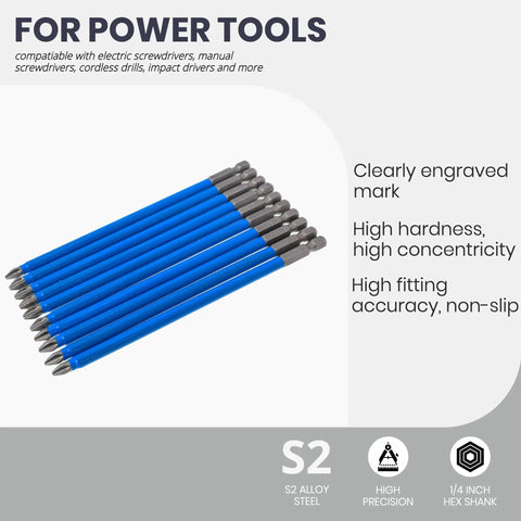 Anti Slip Phillips PH2 Screwdriver Bit Set Ten Pieces With Magnetic One Quarter Inch Hex Shank And Six Inch Length S2 Steel
