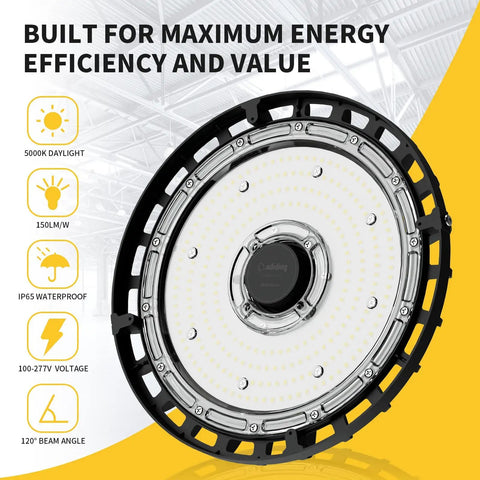 UFO LED High Bay Light 150W 22500 Lumens 5000K Daylight No Glare Workhorse Shop Fixture IP65 Waterproof