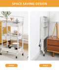 Three-Tier Folding Rolling Utility Cart with wheels and storage, shown open with items and folded against wall for space-saving.