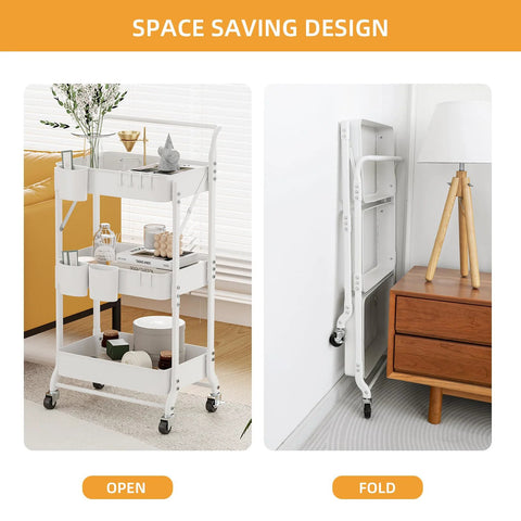 Three-Tier Folding Rolling Utility Cart with wheels and storage, shown open with items and folded against wall for space-saving.