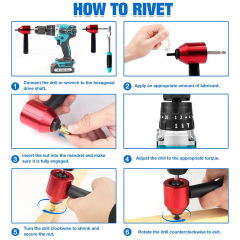 Heavy Duty Rivet Nut Tool Kit Compatible With Electric Drill And Ratchet Wrench includes steps to rivet with drill and mandrel.