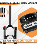 Image showing fork with measurement details for a 28.6mm steerer tube, compatible with Beefy Adjustable Bike Stem For 31.8mm And 25.4mm Riser Handlebars With Tilt Range From Minus 60 To Plus 60 Degrees 100 110 120 130 140mm Lengths Lightweight Stiff Aluminum Mountain Bike Stem For MTB Road Electric Bike BMX.
