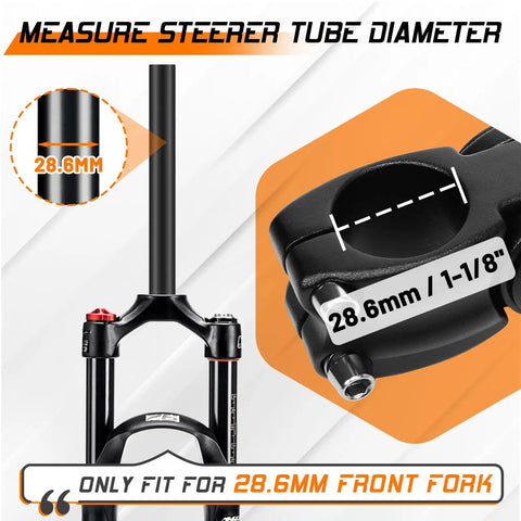 Image showing fork with measurement details for a 28.6mm steerer tube, compatible with Beefy Adjustable Bike Stem For 31.8mm And 25.4mm Riser Handlebars With Tilt Range From Minus 60 To Plus 60 Degrees 100 110 120 130 140mm Lengths Lightweight Stiff Aluminum Mountain Bike Stem For MTB Road Electric Bike BMX.