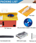 Packing list of Compact 360W Table Saw For Hobby Woodworking With Adjustable Blade Height 0 To 1.34 Inches Push Table Included