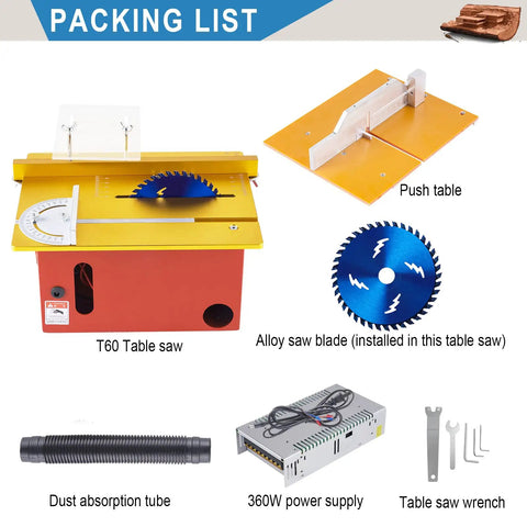 Packing list of Compact 360W Table Saw For Hobby Woodworking With Adjustable Blade Height 0 To 1.34 Inches Push Table Included