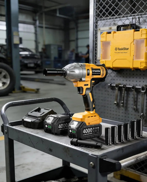 Half Inch Cordless Impact Wrench With Brushless Motor 1032 Foot Pounds Beefy Torque 1400 Newton Meters Electric Impact Driver Kit With 2X 4Ah Batteries LED Light Charger Six Sockets And Three Speed Settings For Car Truck Mower on a workbench in a garage setting.