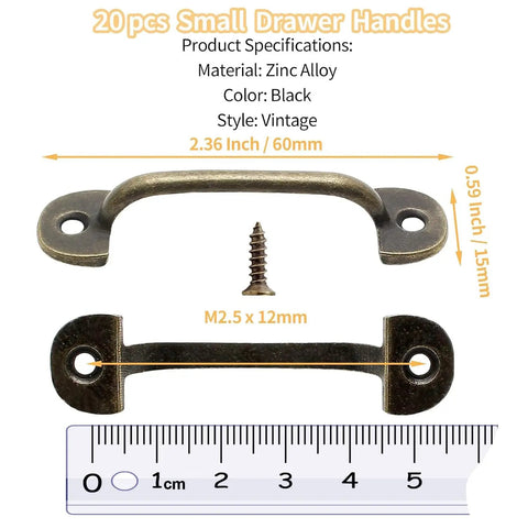 Snazzy Vintage Bronze Small Drawer Handles 2.36 Inch 20 Pack Rad Cabinet Pulls for Kitchen Cabinets and Furniture Refinishing Quick Mounting Screws Included, shown with screws and measurement.