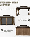 10x14 Ft Outdoor Gazebo With Hardtop And Curtains Netting Included, showing detachable curtain and netting features.