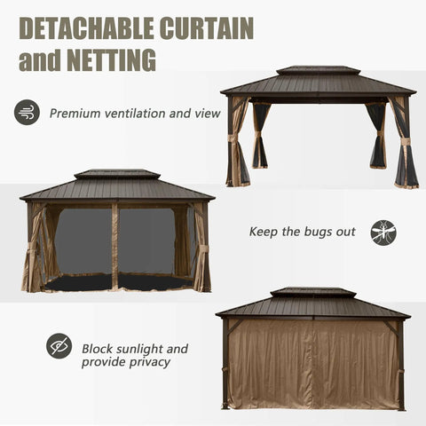 10x14 Ft Outdoor Gazebo With Hardtop And Curtains Netting Included, showing detachable curtain and netting features.