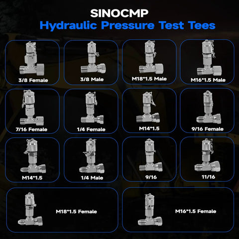 SINOCMP 14-piece hydraulic test tee fittings collage; front views of assorted male/female adapters.