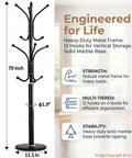 Heavy Duty Standing Coat Rack With Marble Base And 12 Metal Hooks Freestanding Coat Tree 130 Lb Capacity Black Finish Display