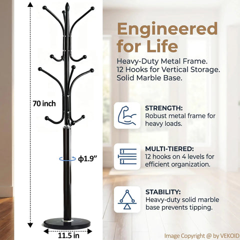 Heavy Duty Standing Coat Rack With Marble Base And 12 Metal Hooks Freestanding Coat Tree 130 Lb Capacity Black Finish Display