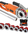 Rock Solid Heavy Duty Electric Pipe Threader Kit With Six Interchangeable Dies For Half Inch To Two Inch Lines showing motor and six dies.