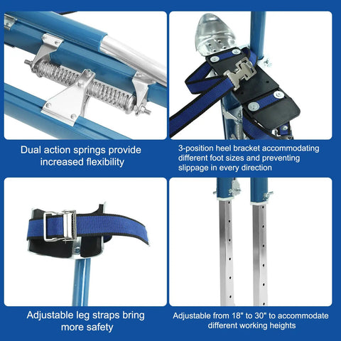 Close-up of 18 To 30 Inch Adjustable Drywall Stilts Durable Professional Grade Lightweight Aluminum Tool Stilt features and adjustments