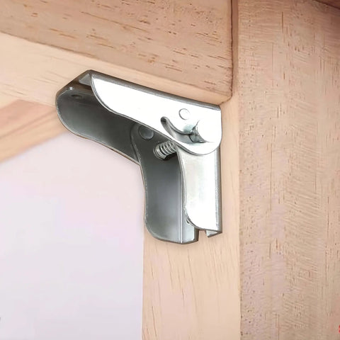 Heavy Duty Silver Four Pack Folding Leg Support Brackets With Self Locking Hinge For Table Bed And Workbench Extension Hardware, close-up of mounted bracket.