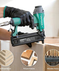 Rock Solid 18 Gauge Pneumatic Brad Nailer and 2 In 1 Air Staple Gun in use on wooden project with artificial board and picture frames.