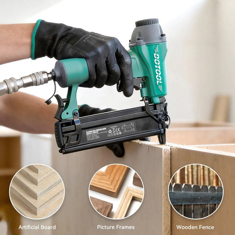 Rock Solid 18 Gauge Pneumatic Brad Nailer and 2 In 1 Air Staple Gun in use on wooden project with artificial board and picture frames.