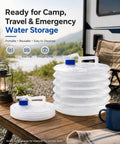 Grab And Go Collapsible Water Container With Spigot For Camping And RV Trips Foldable 3L Water Storage Tank on wooden table outdoors