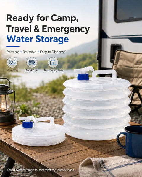Grab And Go Collapsible Water Container With Spigot For Camping And RV Trips Foldable 3L Water Storage Tank on wooden table outdoors