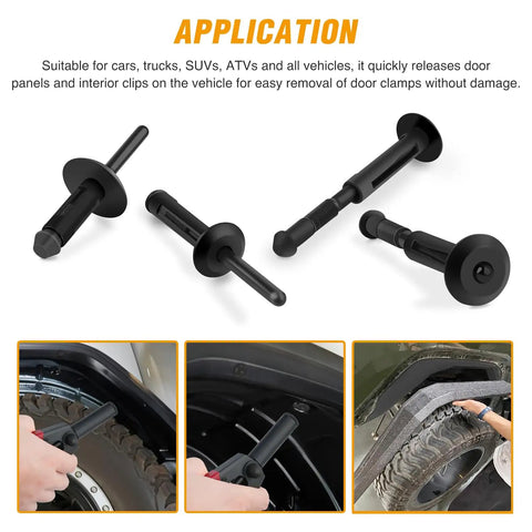 82Pcs Plastic Rivet Gun Set With Fastener Remover shown with application for car door and interior clips removal
