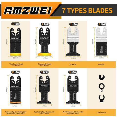 AMZWEI 28PCS Oscillating Saw Blades set; front view, titanium bi-metal, quick-release for Dewalt/Ryobi/Milwaukee.