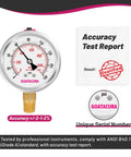 Glycerin Filled Pressure Gauge For Gas And Liquid Pressure 0 To 160 Psi Two And A Half Inch Dial Stainless Steel, accuracy test report visible.