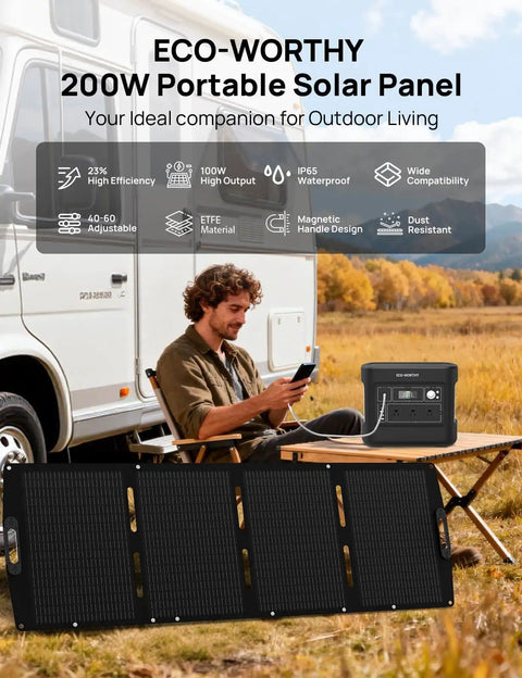 Portable 200W Foldable Solar Panel With Adjustable Kickstand For Power Stations And Off Grid RV Camping in a field setup