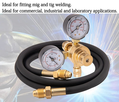 CGA580 Argon-CO2 welding regulator with brass body, dual gauges, 6.6 ft hose.
