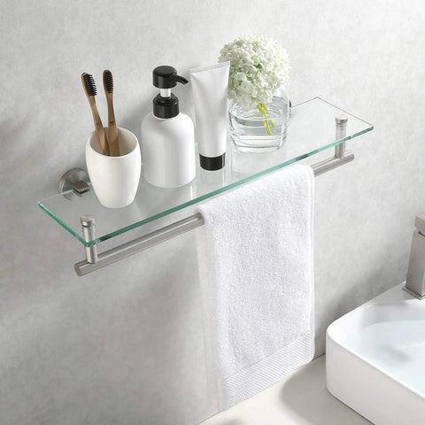 Tempered Glass Bathroom Shelf With Towel Bar 20 Inch Wall Mounted Storage Unit In Brushed Stainless Steel Holds Bathroom Essentials