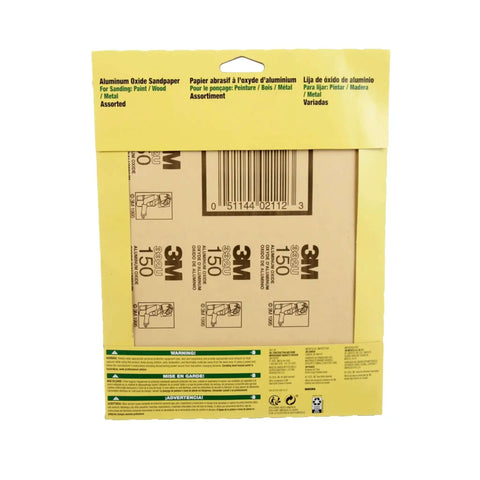 Back view of Aluminum Oxide Sandpaper Set 9 By 11 Inch 5 Sheets With Assorted Grit 100 150 220 packaging