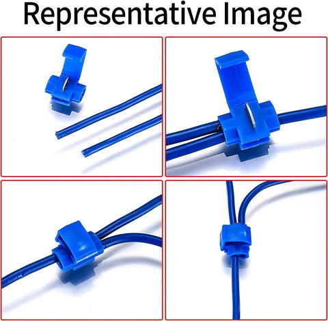 80 Pack Quick Splice Wire Connectors Solderless Snap Electrical Wire Terminals in blue, connected to wires, showing insulated crimp design