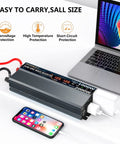 Beast 1000W Pure Sine Wave Inverter powering laptop and phone, dual USB ports, LCD display, compact design for mobile use