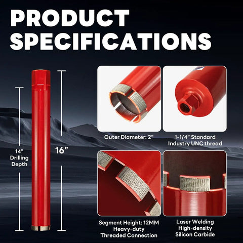 2 Inch Wet Core Drill Bit With High Density Diamond And Precision Welded Segments, Fourteen Inch Depth, One And One Quarter Inch To Seven Thread