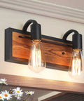 Two-light Farmhouse Vanity Sconce Lighting Fixture with rustic wall lamp for bathroom, black matte steel and solid wood blend