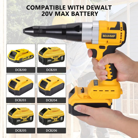 Cordless Rivet Gun Tool 20V Max Battery Compatible Brushless Automatic Rivet Gun For 1/8 5/32 3/16 Inch Rivets shown with compatible Dewalt 20V batteries