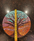 Fifteen Inch Mosaic Tree Of Life Lazy Susan Handcrafted Glass Art Rotating Tray on kitchen countertop with tape measure