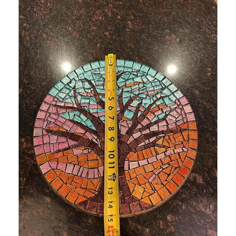 Fifteen Inch Mosaic Tree Of Life Lazy Susan Handcrafted Glass Art Rotating Tray on kitchen countertop with tape measure
